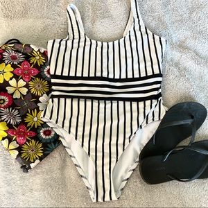 ASOS black and white striped one-piece swimsuit